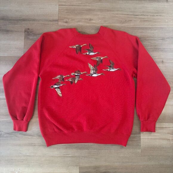 Vintage 80s Fly Wild Canadian Geese Red Sweatshirt Size Large Retro Cottagecore - Picture 5 of 6